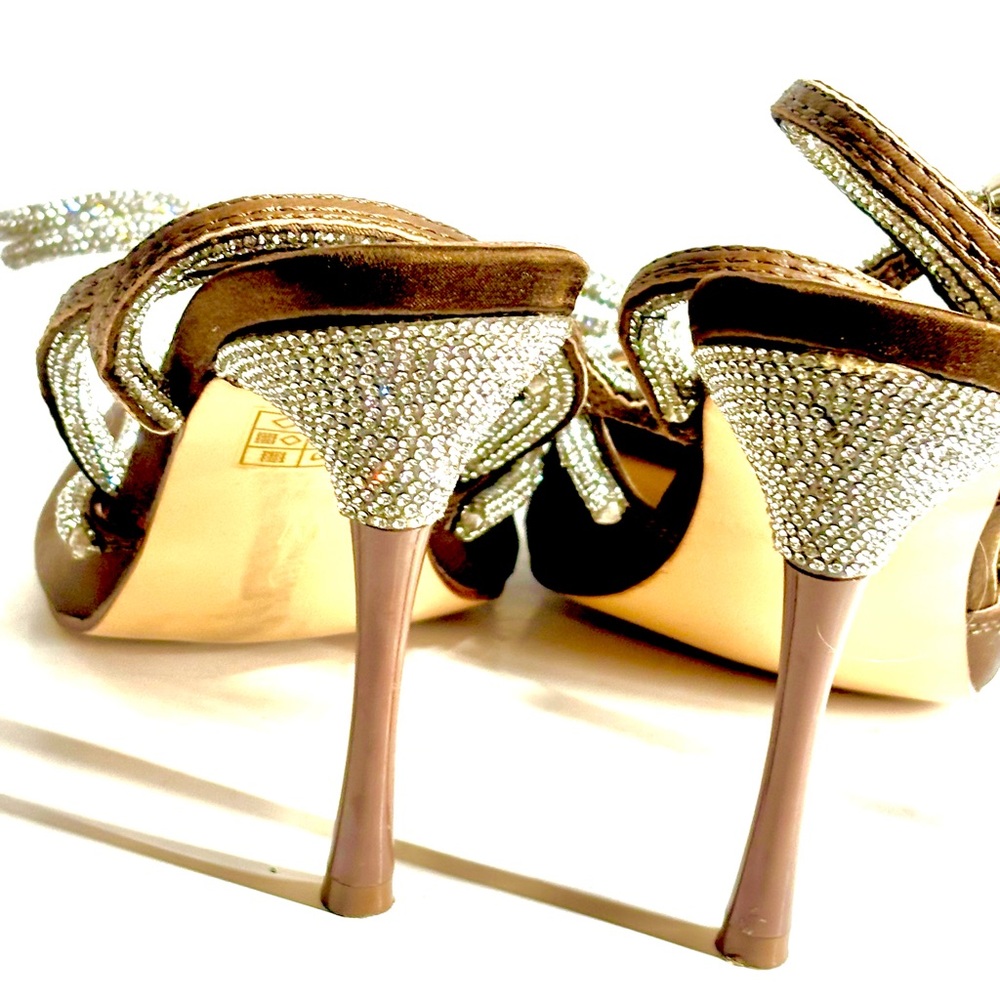 Metallic ankle-wrap Stiletto heels Crystal-embellished Bow detail Chocolate 9W - Picture 8 of 14